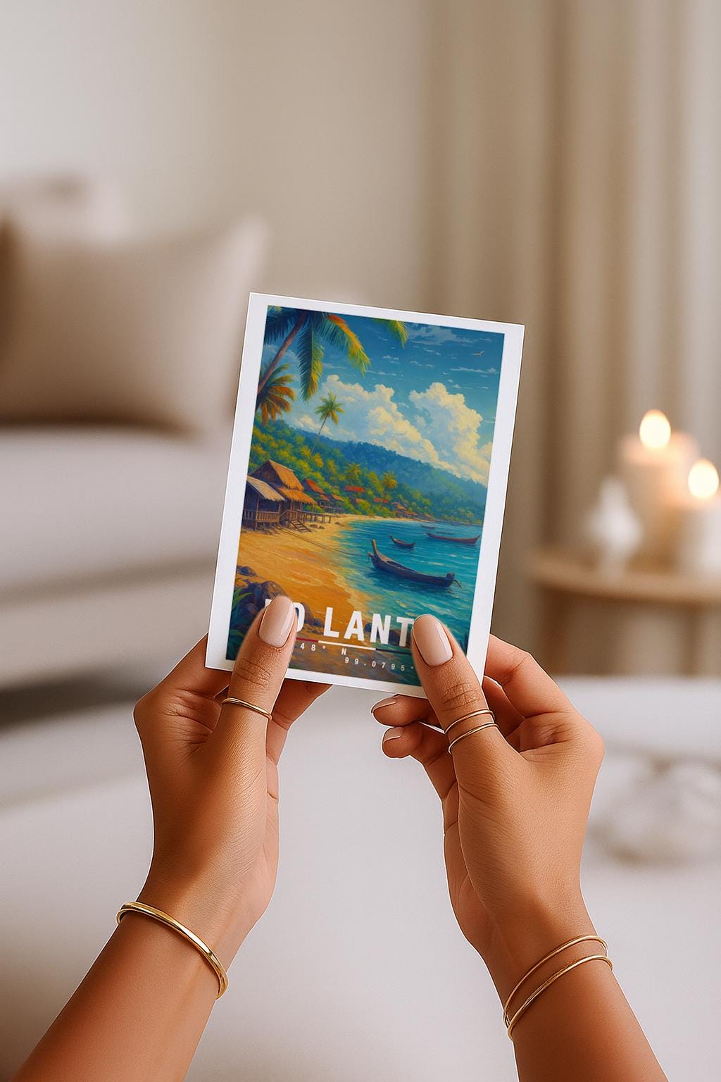 A6-Grußkarte mit Koh-Lanta-Illustration: Tropischer Sandstrand mit türkisblauem Meer, traditionellen Holzhütten und kleinen Booten im Wasser. Palmen und üppige Vegetation umrahmen die Szene, im Hintergrund Hügel unter blauem Himmel mit Wolken. Warme Farben und moderner Travel-Poster-Stil, ideal als Reise- oder Souvenirkarte für Thailand- und Insel-Liebhaber.