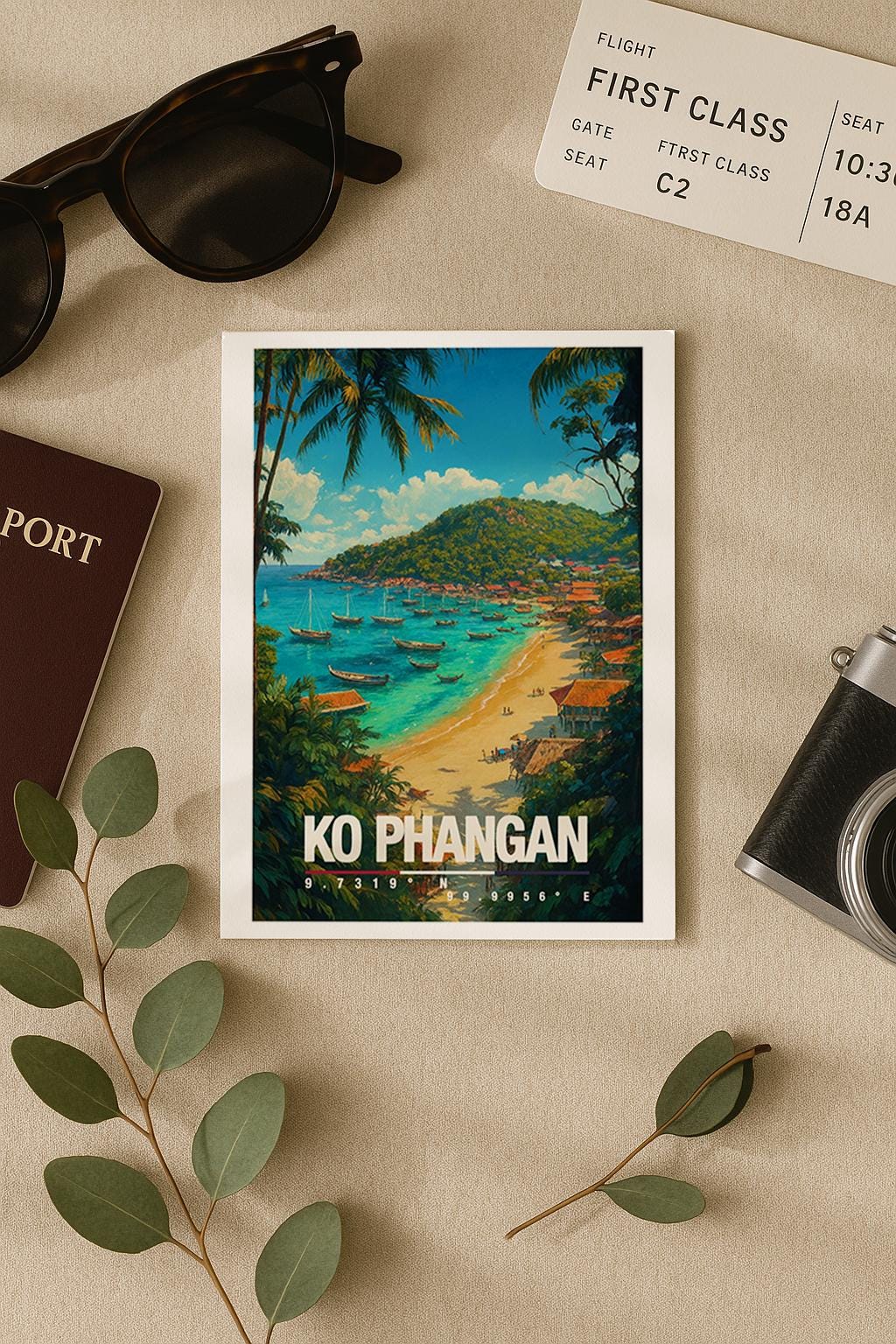 A6-Grußkarte mit Koh-Phangan-Illustration: Blick auf eine tropische Sandbucht mit türkisblauem Meer, zahlreichen Booten und Strandhäusern. Palmen und dichte Vegetation rahmen die Szene ein, im Hintergrund ein grüner Hügel unter blauem Himmel mit Wolken. Leuchtende Farben im modernen Travel-Poster-Stil, ideal als Reise- oder Souvenirkarte für Thailand- und Insel-Liebhaber.
