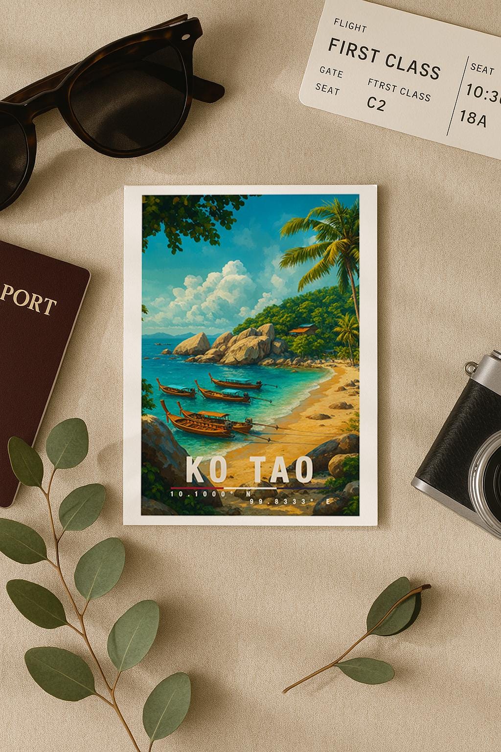 A6-Grußkarte mit Koh-Tao-Illustration: Tropischer Sandstrand mit türkisblauem Meer, mehreren traditionellen Longtail-Booten und Felsen am Ufer. Palmen und üppige Vegetation umrahmen die Szene, im Hintergrund ein grüner Hügel unter blauem Himmel mit Wolken. Leuchtende Farben im modernen Travel-Poster-Stil, ideal als Reise- oder Souvenirkarte für Thailand- und Insel-Liebhaber.