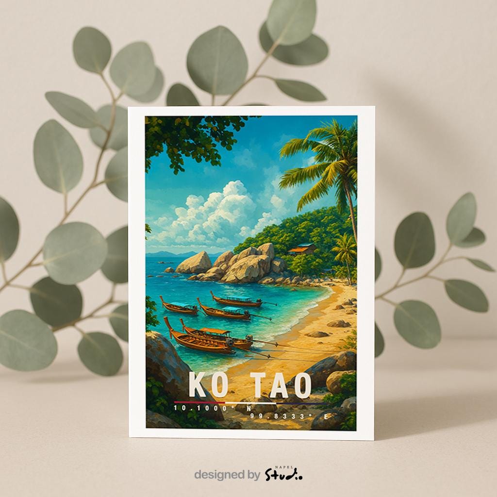 A6-Grußkarte mit Koh-Tao-Illustration: Tropischer Sandstrand mit türkisblauem Meer, mehreren traditionellen Longtail-Booten und Felsen am Ufer. Palmen und üppige Vegetation umrahmen die Szene, im Hintergrund ein grüner Hügel unter blauem Himmel mit Wolken. Leuchtende Farben im modernen Travel-Poster-Stil, ideal als Reise- oder Souvenirkarte für Thailand- und Insel-Liebhaber.