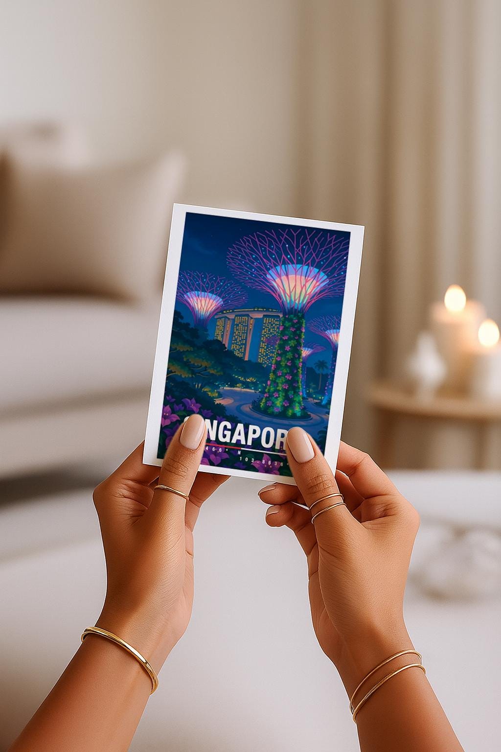 Moderne Illustration von Singapur bei Nacht mit den ikonischen Supertrees im Gardens by the Bay, beleuchteten Hochhäusern und Menschen im Park. Die Farben sind lebendig, futuristisch und tropisch, ideal für Fans von asiatischen Metropolen, Architektur und urbaner Reisekunst.