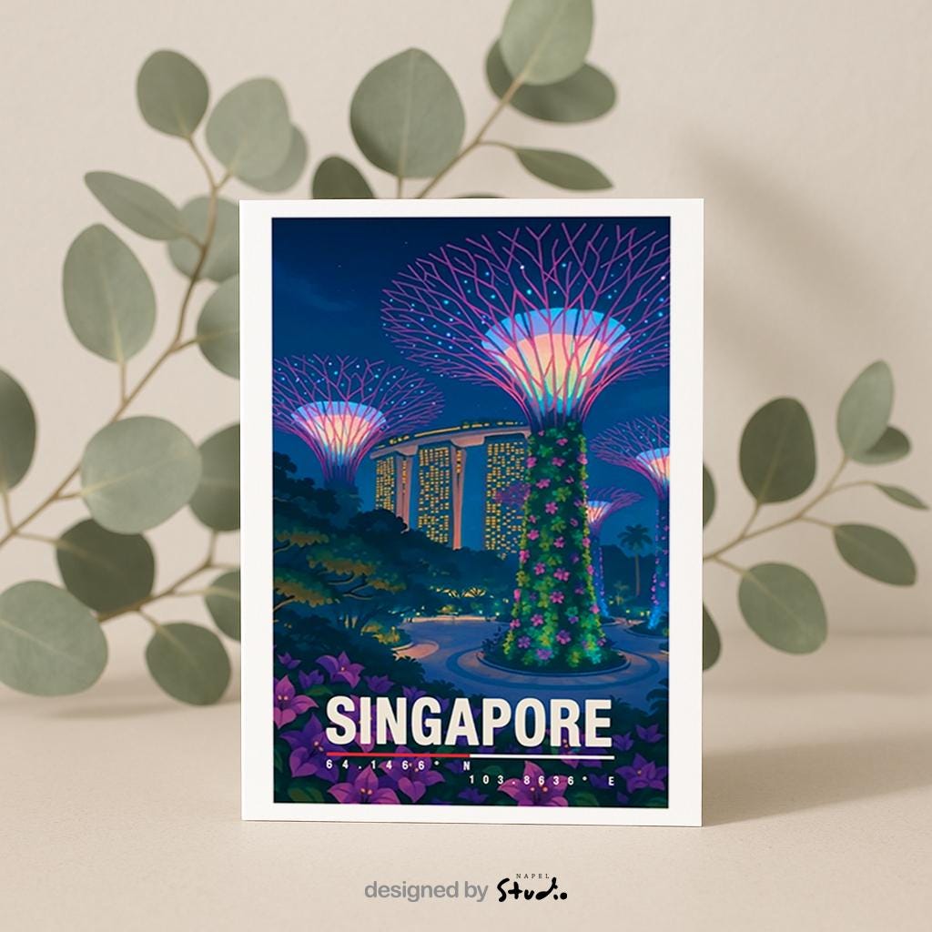 Moderne Illustration von Singapur bei Nacht mit den ikonischen Supertrees im Gardens by the Bay, beleuchteten Hochhäusern und Menschen im Park. Die Farben sind lebendig, futuristisch und tropisch, ideal für Fans von asiatischen Metropolen, Architektur und urbaner Reisekunst.