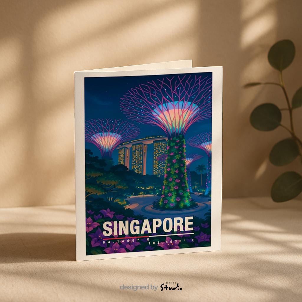 Moderne Illustration von Singapur bei Nacht mit den ikonischen Supertrees im Gardens by the Bay, beleuchteten Hochhäusern und Menschen im Park. Die Farben sind lebendig, futuristisch und tropisch, ideal für Fans von asiatischen Metropolen, Architektur und urbaner Reisekunst.