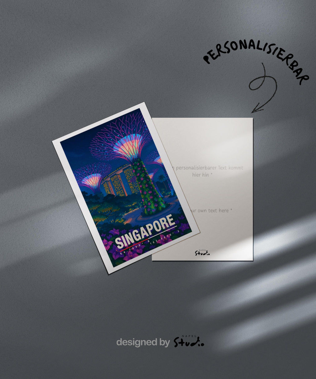 Moderne Illustration von Singapur bei Nacht mit den ikonischen Supertrees im Gardens by the Bay, beleuchteten Hochhäusern und Menschen im Park. Die Farben sind lebendig, futuristisch und tropisch, ideal für Fans von asiatischen Metropolen, Architektur und urbaner Reisekunst.