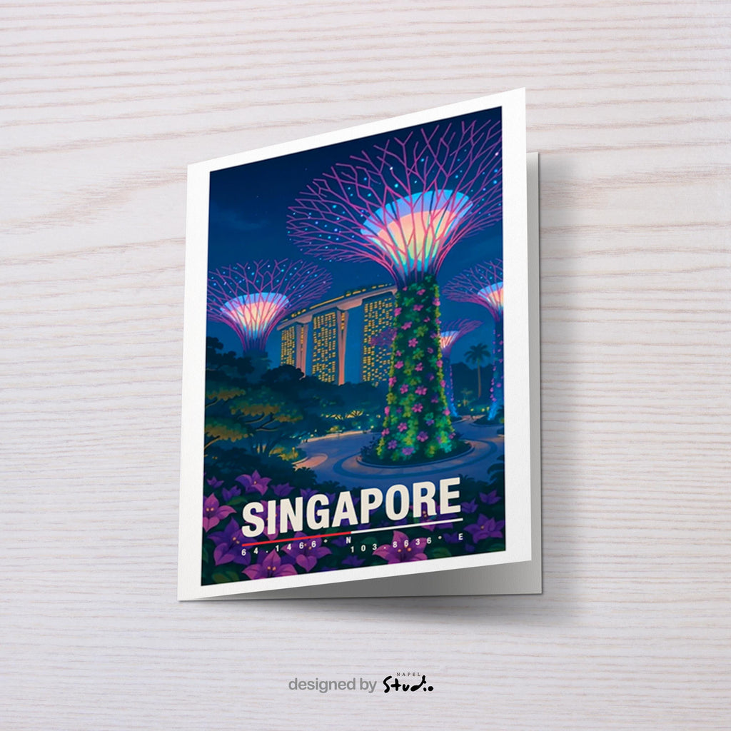 Moderne Illustration von Singapur bei Nacht mit den ikonischen Supertrees im Gardens by the Bay, beleuchteten Hochhäusern und Menschen im Park. Die Farben sind lebendig, futuristisch und tropisch, ideal für Fans von asiatischen Metropolen, Architektur und urbaner Reisekunst.