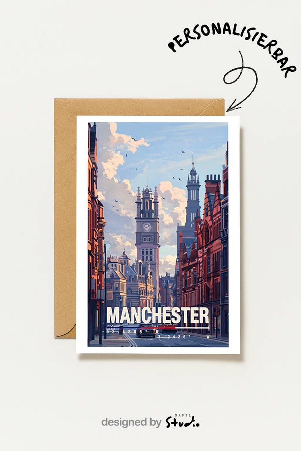 Manchester Mit Historischer Stadtansicht & Straßenbahn England Reisekarte Im Vintage Stil Manchester England Travel Art
