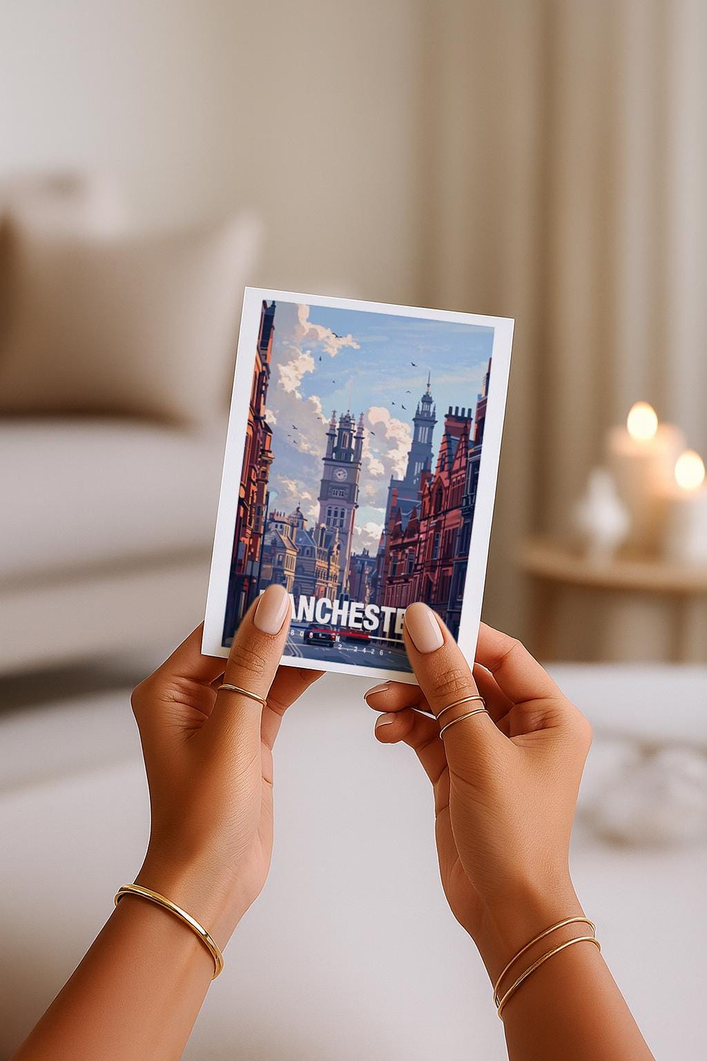 Illustration einer Straße in Manchester mit historischer Architektur, Uhrturm und Straßenbahn im Vordergrund. Die Szene zeigt typisch englische Backsteingebäude, urbanes Leben und eine ruhige Atmosphäre, ideal als Erinnerung an Großbritannien oder als Geschenk für Stadtliebhaber.