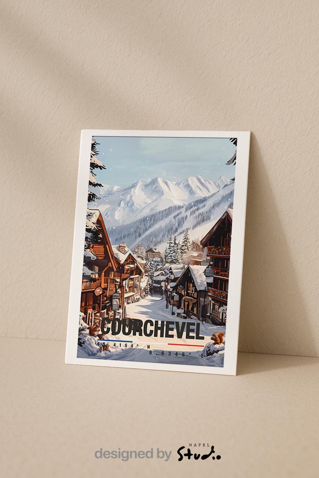 Winterliche Illustration von Courchevel mit verschneiten Chalets, Bergdorf-Atmosphäre und imposanten Alpen im Hintergrund. Die Szene strahlt Ruhe, Gemütlichkeit und alpine Eleganz aus und eignet sich perfekt als Geschenk für Ski-, Winter- und Frankreich-Liebhaber.