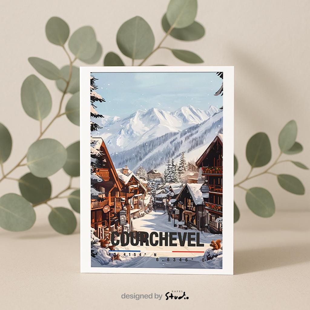 Winterliche Illustration von Courchevel mit verschneiten Chalets, Bergdorf-Atmosphäre und imposanten Alpen im Hintergrund. Die Szene strahlt Ruhe, Gemütlichkeit und alpine Eleganz aus und eignet sich perfekt als Geschenk für Ski-, Winter- und Frankreich-Liebhaber.