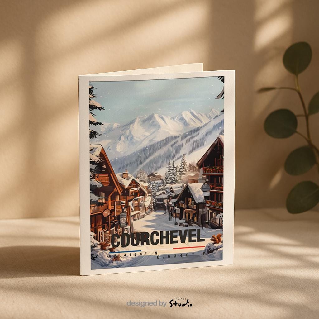 Winterliche Illustration von Courchevel mit verschneiten Chalets, Bergdorf-Atmosphäre und imposanten Alpen im Hintergrund. Die Szene strahlt Ruhe, Gemütlichkeit und alpine Eleganz aus und eignet sich perfekt als Geschenk für Ski-, Winter- und Frankreich-Liebhaber.