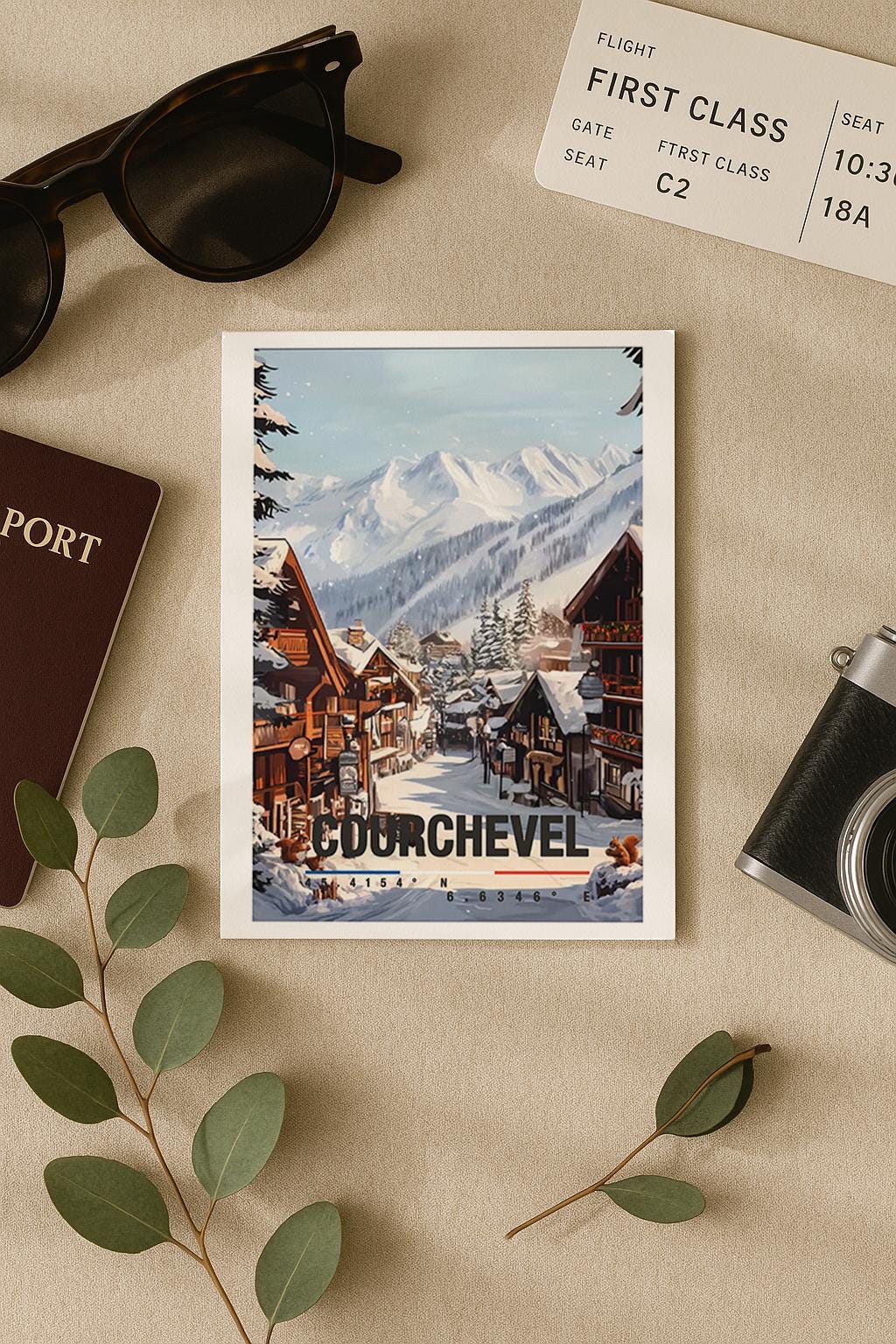 Winterliche Illustration von Courchevel mit verschneiten Chalets, Bergdorf-Atmosphäre und imposanten Alpen im Hintergrund. Die Szene strahlt Ruhe, Gemütlichkeit und alpine Eleganz aus und eignet sich perfekt als Geschenk für Ski-, Winter- und Frankreich-Liebhaber.