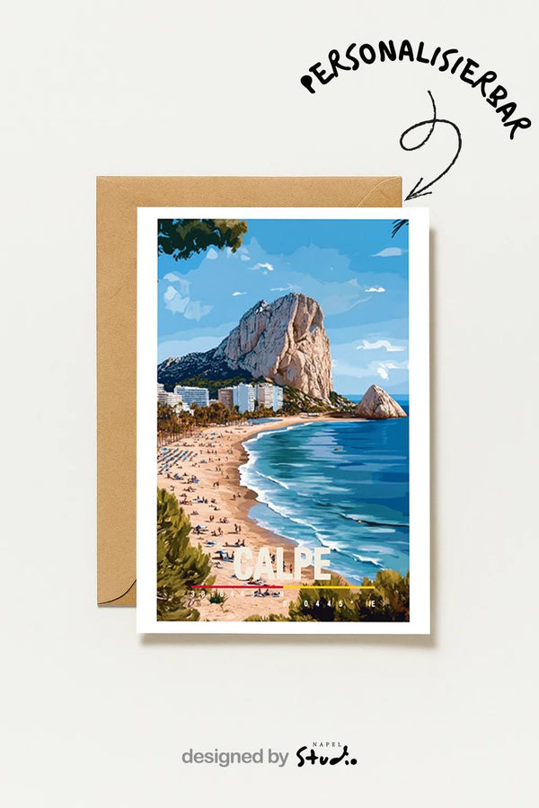Calpe Mit Strand, Meer & Felsen Mediterrane Spanien Reisekarte Für Sommer Calpe Spain Coastal Travel Art
