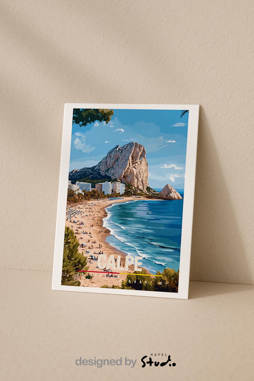 Illustration der Küste von Calpe mit goldenem Strand, türkisfarbenem Meer und dem markanten Felsen Peñón de Ifach. Die Szene wirkt sonnig, entspannt und mediterran und vermittelt Urlaubsgefühl, Sommer, Meer und spanische Küstenlandschaft.
Tags: