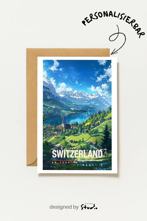 Schweiz Mit Alpen, See Und Dorf Idyllische Landschaftskarte Für Natur & Ruhe Switzerland Europe Travel Art