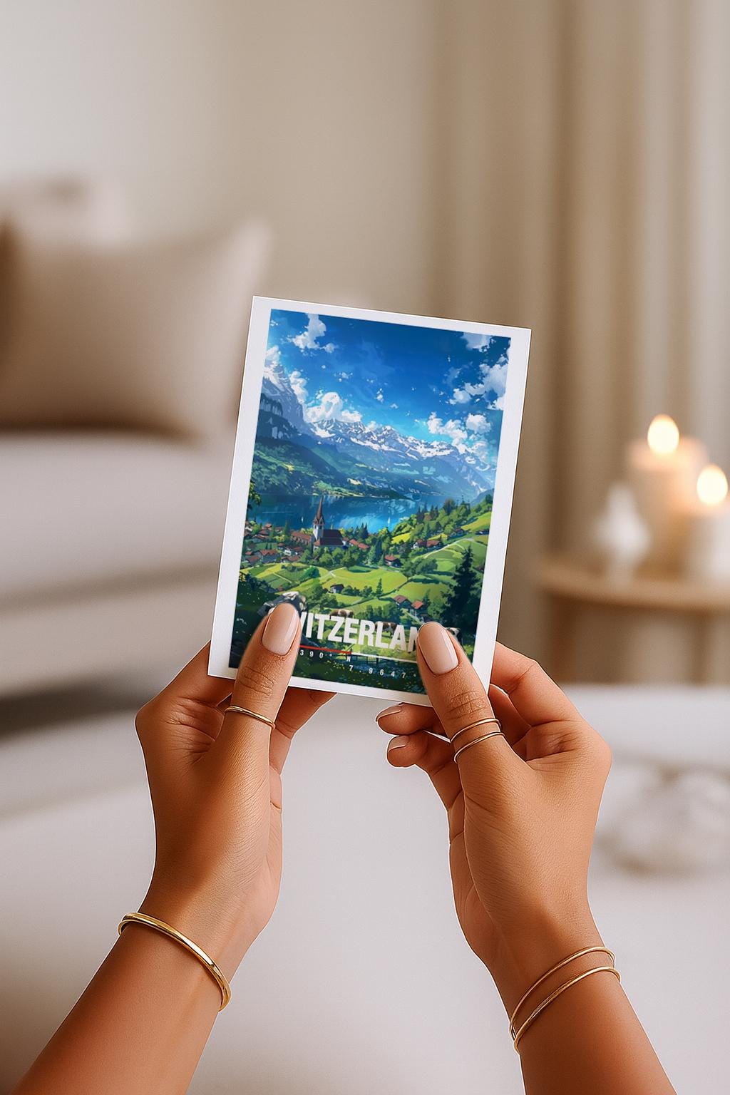 Illustration einer idyllischen Schweizer Landschaft mit grünen Wiesen, See, Bergen und einem kleinen Dorf mit Kirche. Die Szene vermittelt Ruhe, Naturverbundenheit und alpine Schönheit, ideal für Naturliebhaber, Wanderfans oder als dekorative Reisekarte.