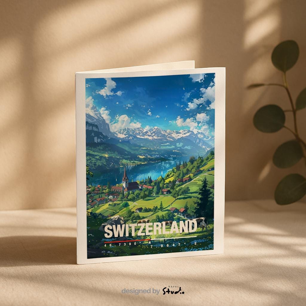 Illustration einer idyllischen Schweizer Landschaft mit grünen Wiesen, See, Bergen und einem kleinen Dorf mit Kirche. Die Szene vermittelt Ruhe, Naturverbundenheit und alpine Schönheit, ideal für Naturliebhaber, Wanderfans oder als dekorative Reisekarte.