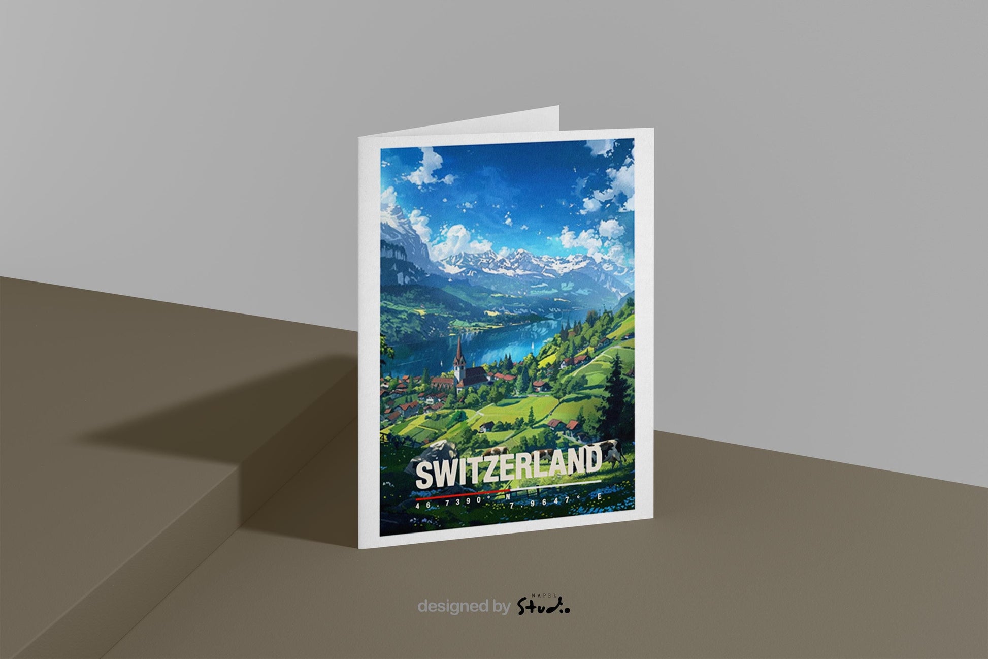 Illustration einer idyllischen Schweizer Landschaft mit grünen Wiesen, See, Bergen und einem kleinen Dorf mit Kirche. Die Szene vermittelt Ruhe, Naturverbundenheit und alpine Schönheit, ideal für Naturliebhaber, Wanderfans oder als dekorative Reisekarte.