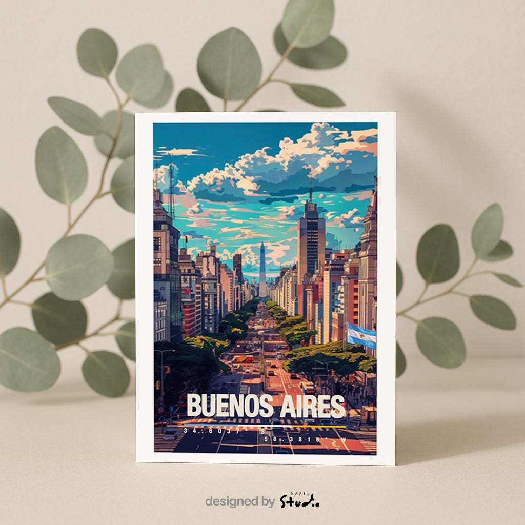 Illustration von Buenos Aires mit breiter Straße, Hochhäusern und urbanem Stadtleben. Die Szene zeigt Dynamik, Architektur und südamerikanisches Großstadtgefühl und eignet sich ideal als Erinnerung an Argentinien oder als Geschenk für City- und Reiseliebhaber.