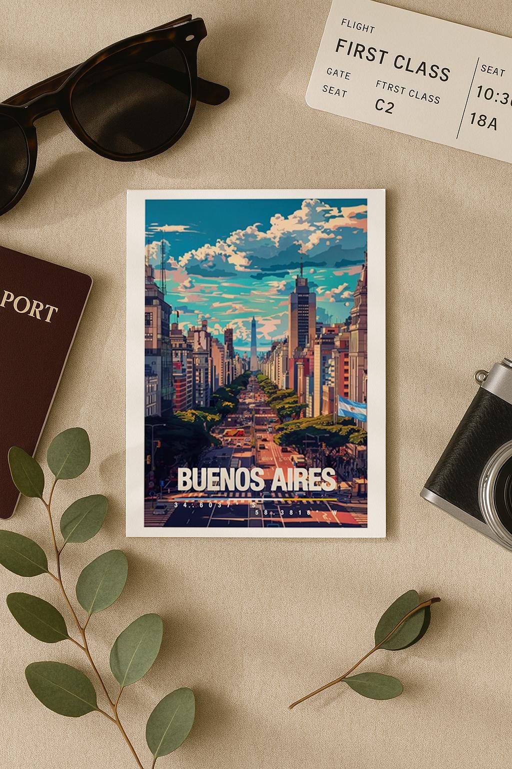 Illustration von Buenos Aires mit breiter Straße, Hochhäusern und urbanem Stadtleben. Die Szene zeigt Dynamik, Architektur und südamerikanisches Großstadtgefühl und eignet sich ideal als Erinnerung an Argentinien oder als Geschenk für City- und Reiseliebhaber.
