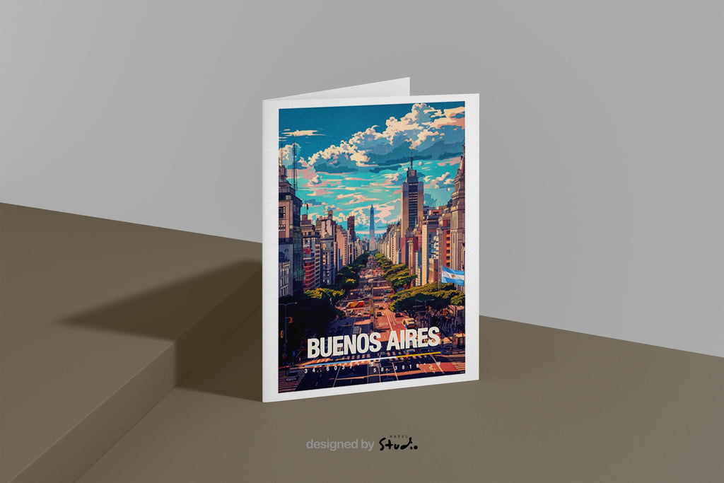 Illustration von Buenos Aires mit breiter Straße, Hochhäusern und urbanem Stadtleben. Die Szene zeigt Dynamik, Architektur und südamerikanisches Großstadtgefühl und eignet sich ideal als Erinnerung an Argentinien oder als Geschenk für City- und Reiseliebhaber.