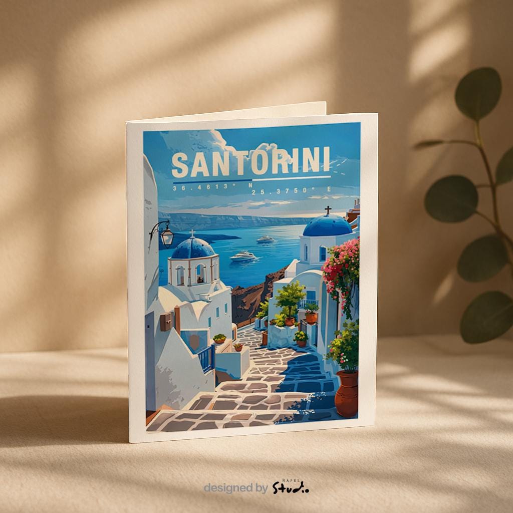 Illustration von Santorini mit weißen Häusern, blauen Kuppeln, Blumen und Blick auf das tiefblaue Meer. Die Szene wirkt ruhig, sonnig und mediterran und vermittelt typisches Griechenland-Flair und romantisches Reisegefühl.
