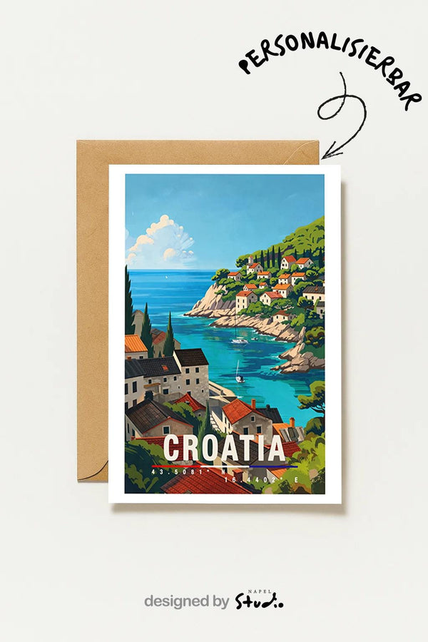 Kroatien Mit Küstenstadt & Meer Mediterrane Reisekarte Adria Croatia Coast Travel Art Croatia Greetingcard