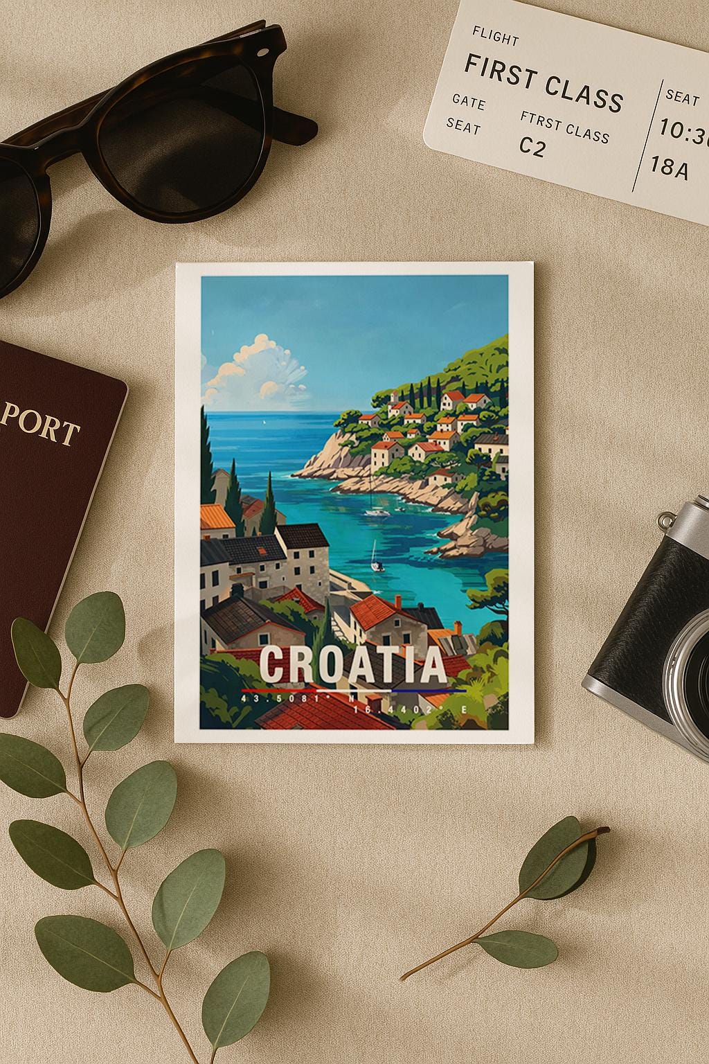 Illustration einer kroatischen Küstenstadt mit roten Dächern, türkisblauem Meer und Booten entlang der Adria. Die Szene wirkt sonnig, entspannt und vermittelt mediterranes Urlaubsgefühl.