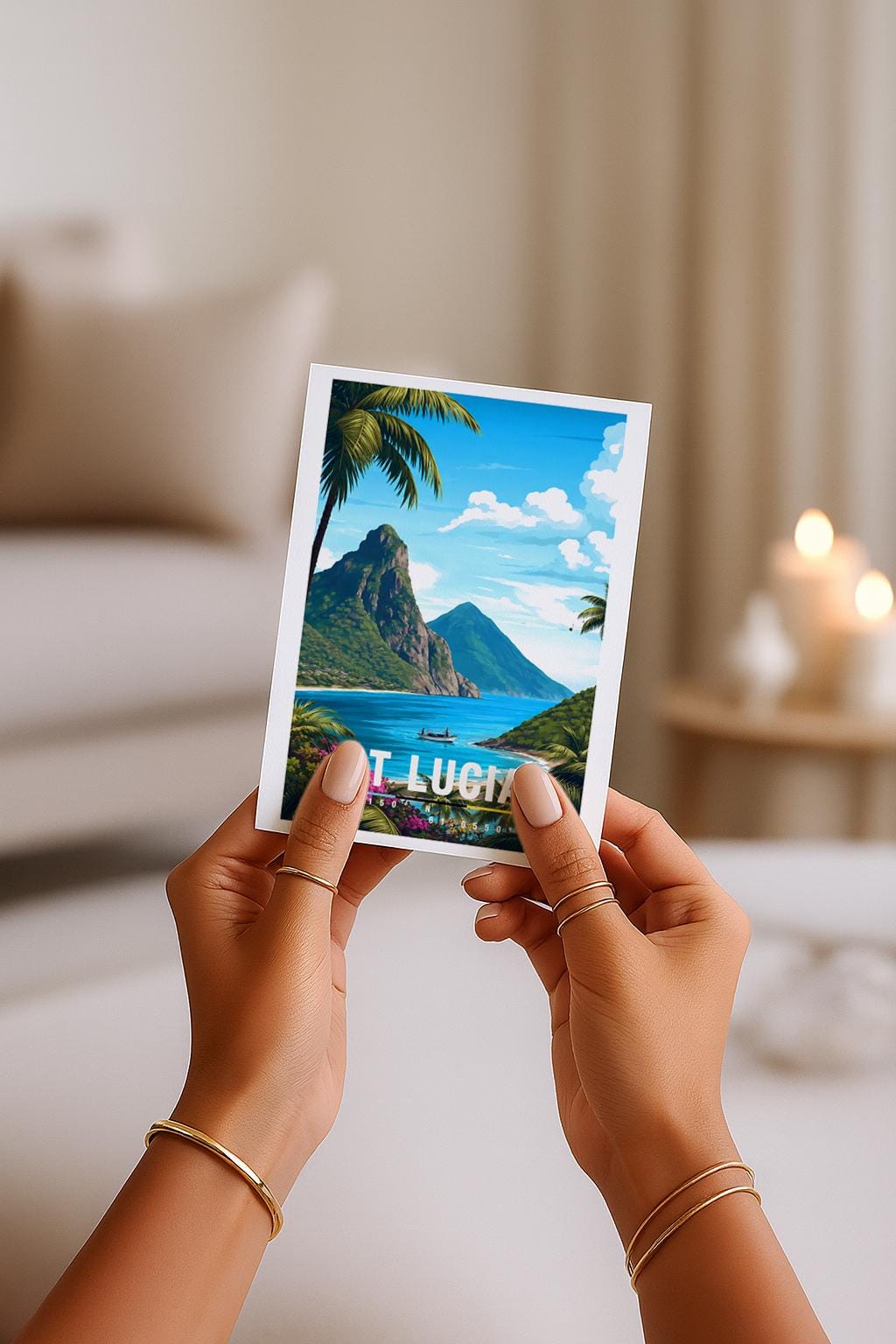 St. Lucia Grußkarte mit Pitons & Karibikstrand | Exotische Reisekarte | St Lucia Caribbean Travel Art Illustration von St. Lucia mit den markanten Pitons, üppiger Natur und türkisblauem Meer. Die Szene wirkt exotisch, ruhig und vermittelt karibisches Reisegefühl.