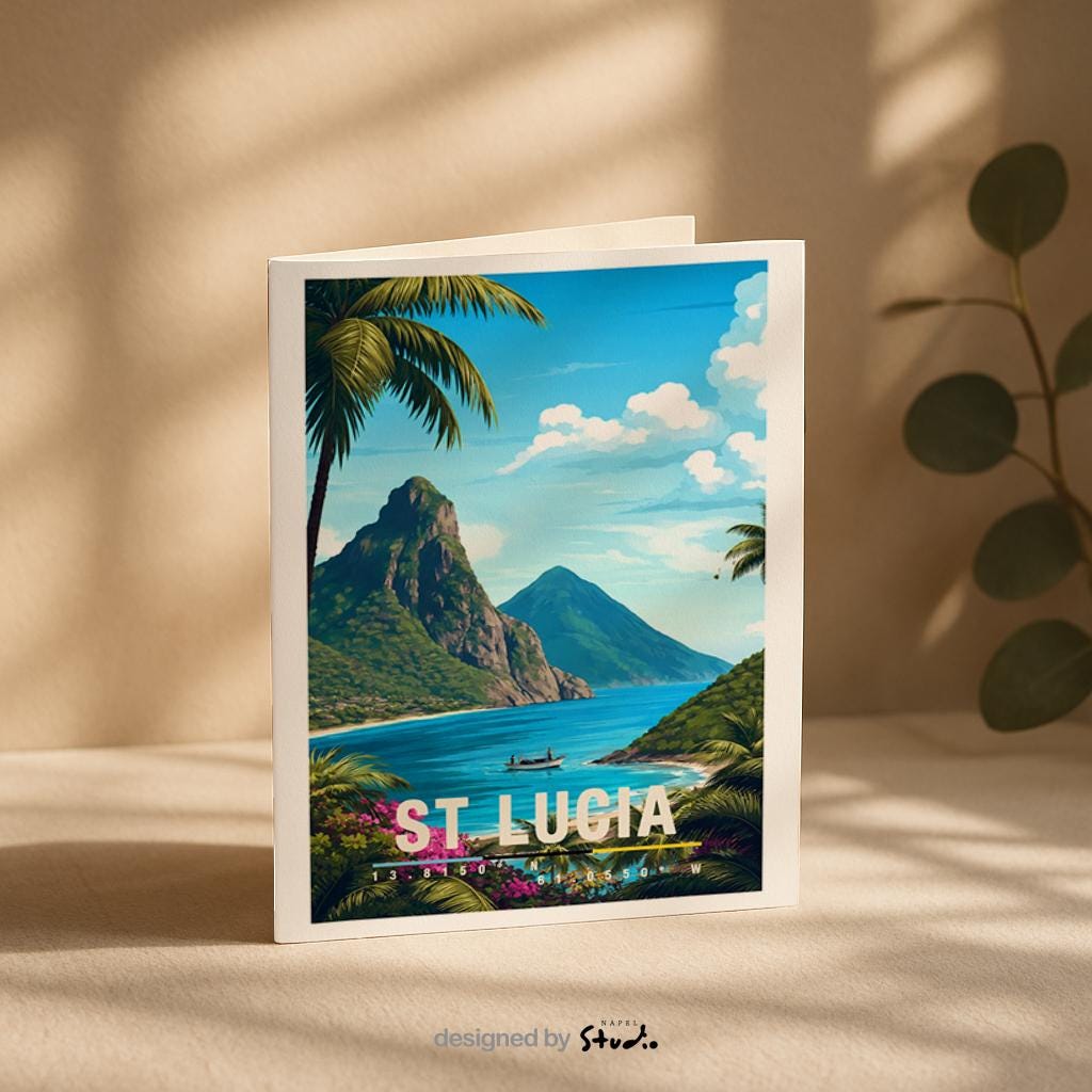 St. Lucia Grußkarte mit Pitons & Karibikstrand | Exotische Reisekarte | St Lucia Caribbean Travel Art Illustration von St. Lucia mit den markanten Pitons, üppiger Natur und türkisblauem Meer. Die Szene wirkt exotisch, ruhig und vermittelt karibisches Reisegefühl.
