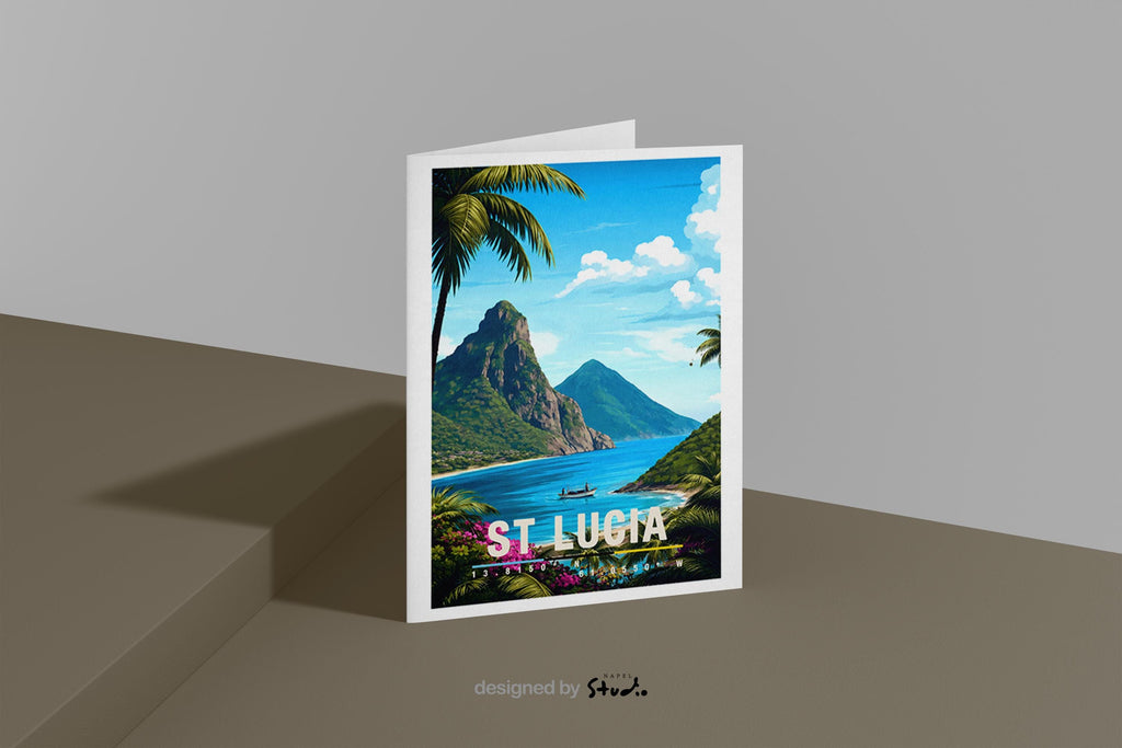 St. Lucia Grußkarte mit Pitons & Karibikstrand | Exotische Reisekarte | St Lucia Caribbean Travel Art Illustration von St. Lucia mit den markanten Pitons, üppiger Natur und türkisblauem Meer. Die Szene wirkt exotisch, ruhig und vermittelt karibisches Reisegefühl.