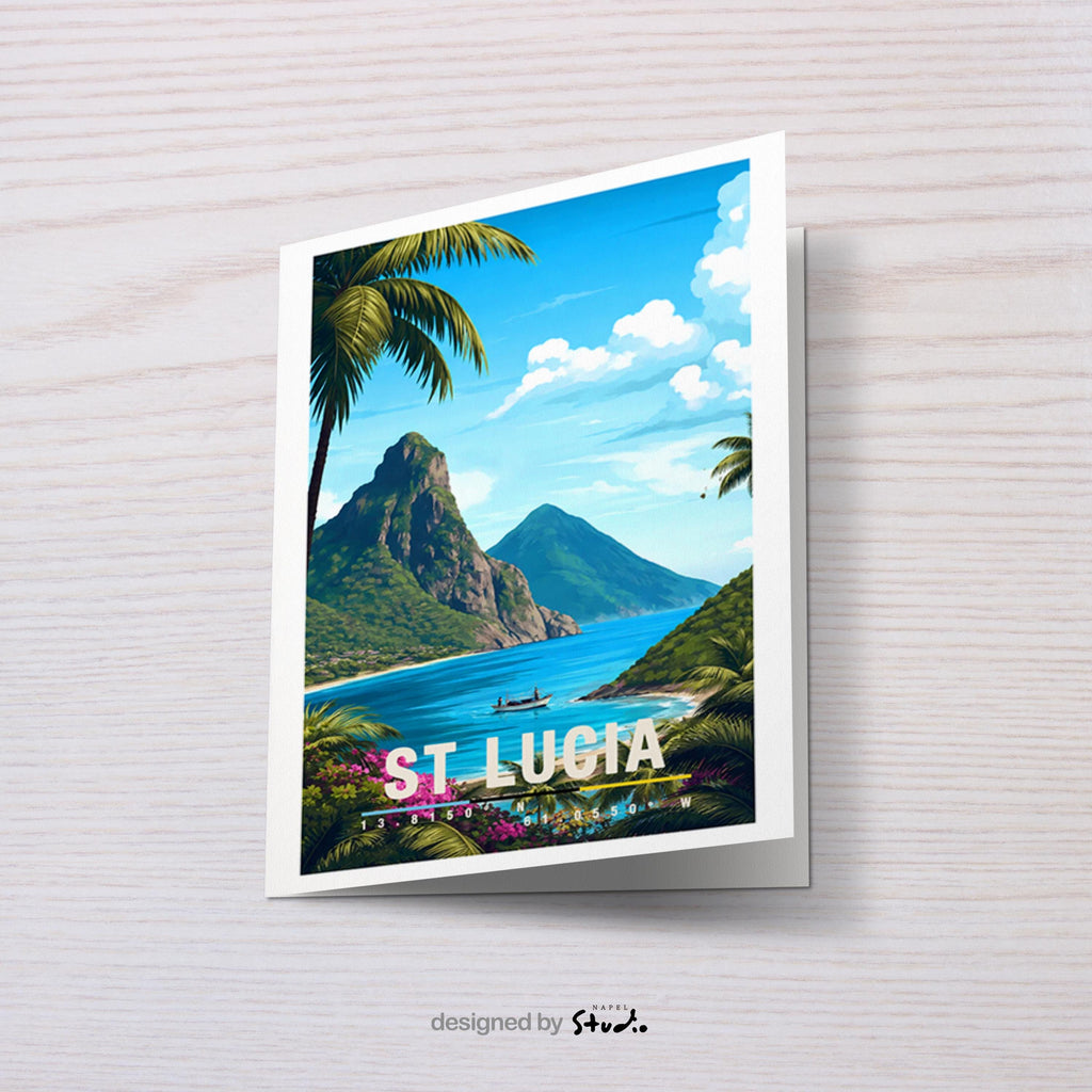 St. Lucia Grußkarte mit Pitons & Karibikstrand | Exotische Reisekarte | St Lucia Caribbean Travel Art Illustration von St. Lucia mit den markanten Pitons, üppiger Natur und türkisblauem Meer. Die Szene wirkt exotisch, ruhig und vermittelt karibisches Reisegefühl.