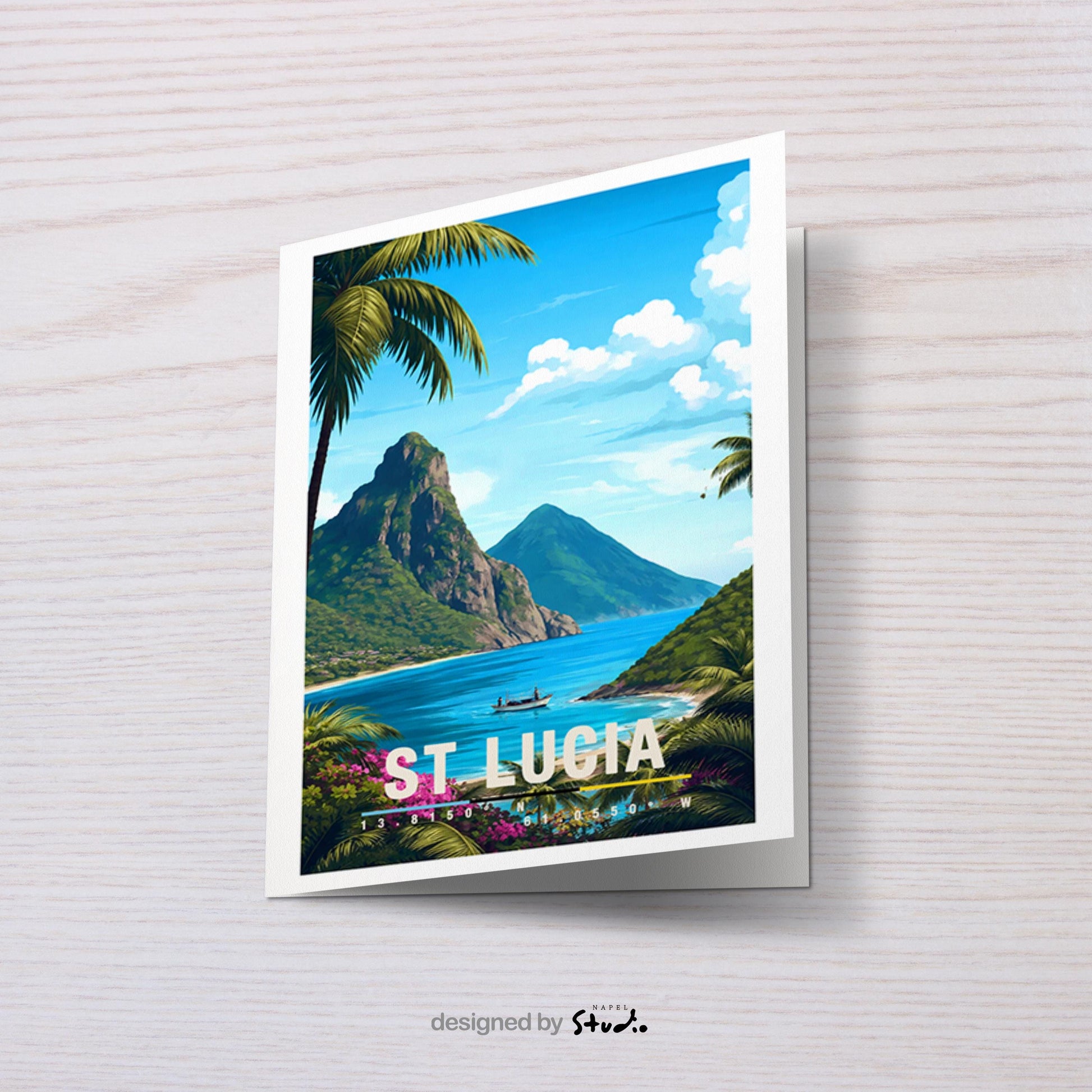 St. Lucia Grußkarte mit Pitons & Karibikstrand | Exotische Reisekarte | St Lucia Caribbean Travel Art Illustration von St. Lucia mit den markanten Pitons, üppiger Natur und türkisblauem Meer. Die Szene wirkt exotisch, ruhig und vermittelt karibisches Reisegefühl.