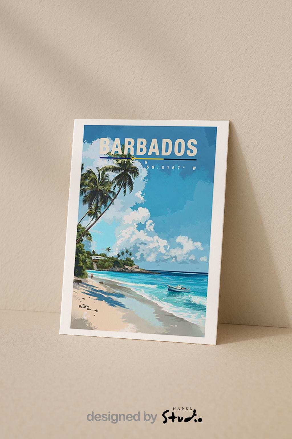 Illustration von Barbados mit tropischem Sandstrand, hohen Palmen, türkisfarbenem Meer und Booten nahe der Küste. Die Szene wirkt sonnig, entspannt und vermittelt typisches Karibik-Flair mit Sommer- und Urlaubsgefühl.