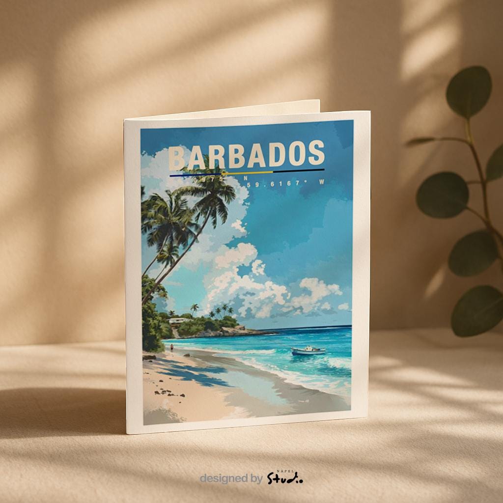 Illustration von Barbados mit tropischem Sandstrand, hohen Palmen, türkisfarbenem Meer und Booten nahe der Küste. Die Szene wirkt sonnig, entspannt und vermittelt typisches Karibik-Flair mit Sommer- und Urlaubsgefühl.