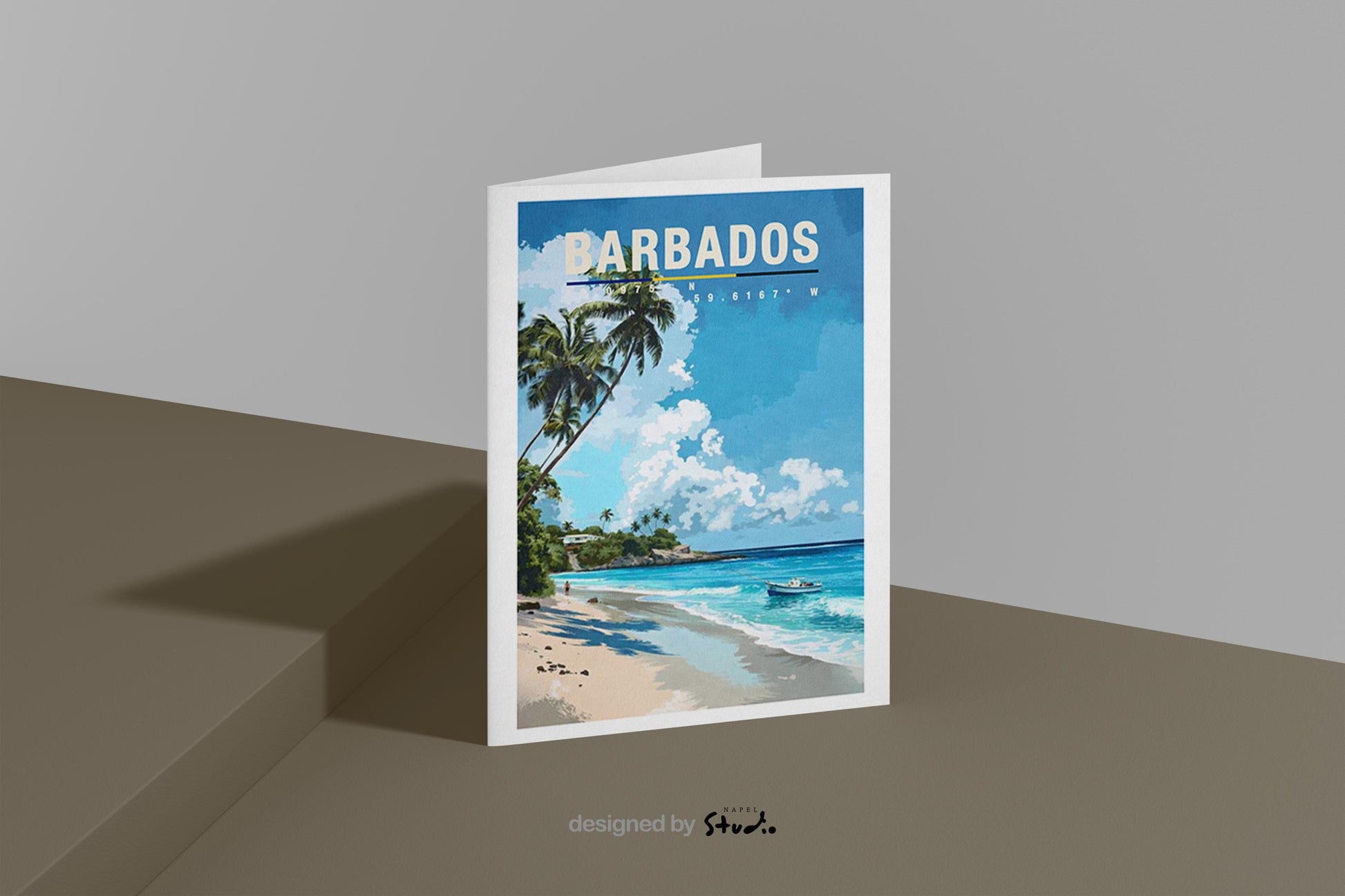 Illustration von Barbados mit tropischem Sandstrand, hohen Palmen, türkisfarbenem Meer und Booten nahe der Küste. Die Szene wirkt sonnig, entspannt und vermittelt typisches Karibik-Flair mit Sommer- und Urlaubsgefühl.