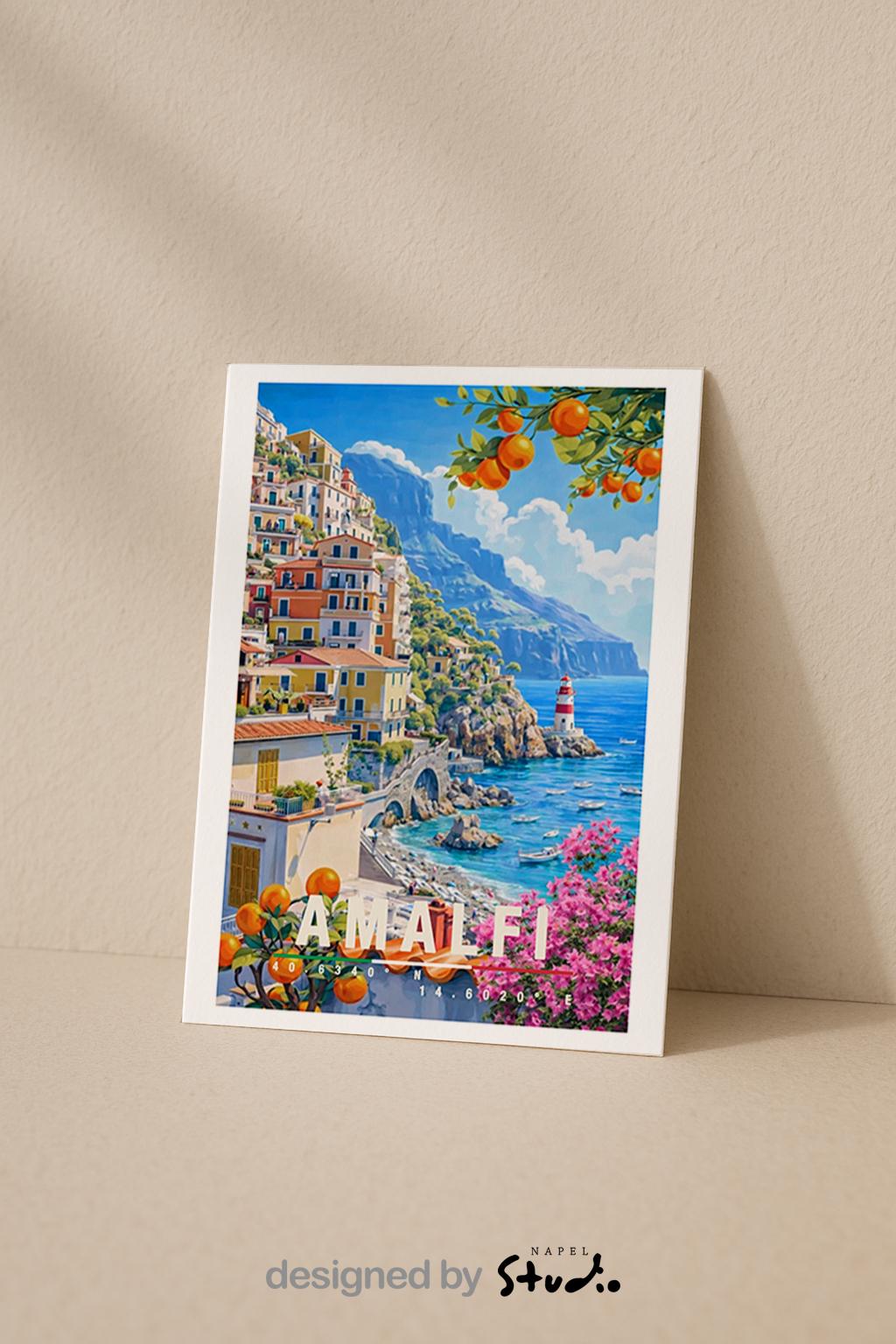 Illustration der Amalfiküste mit bunten Häusern, Zitronenbäumen, Meerblick und Leuchtturm. Die Szene wirkt lebendig, mediterran und vermittelt italienisches Dolce-Vita-Gefühl.