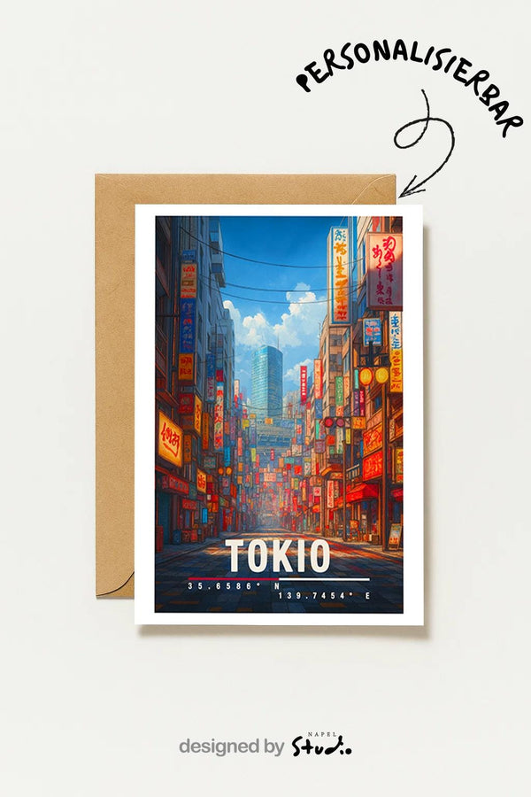 Tokio Mit Neonlichtern & Straßenszene Moderne Japan Reisekarte Urban Und Stilvoll Tokyo Japan City Travel Art