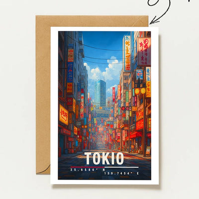 Tokio Mit Neonlichtern & Straßenszene Moderne Japan Reisekarte Urban Und Stilvoll Tokyo Japan City Travel Art