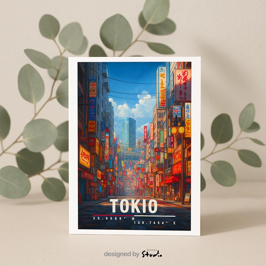 Illustration einer belebten Straße in Tokio mit leuchtenden Neonreklamen, japanischen Schriftzeichen und moderner Stadtarchitektur. Die Szene wirkt urban, dynamisch und atmosphärisch und vermittelt das typische Großstadt- und Nachtleben-Gefühl Japans.