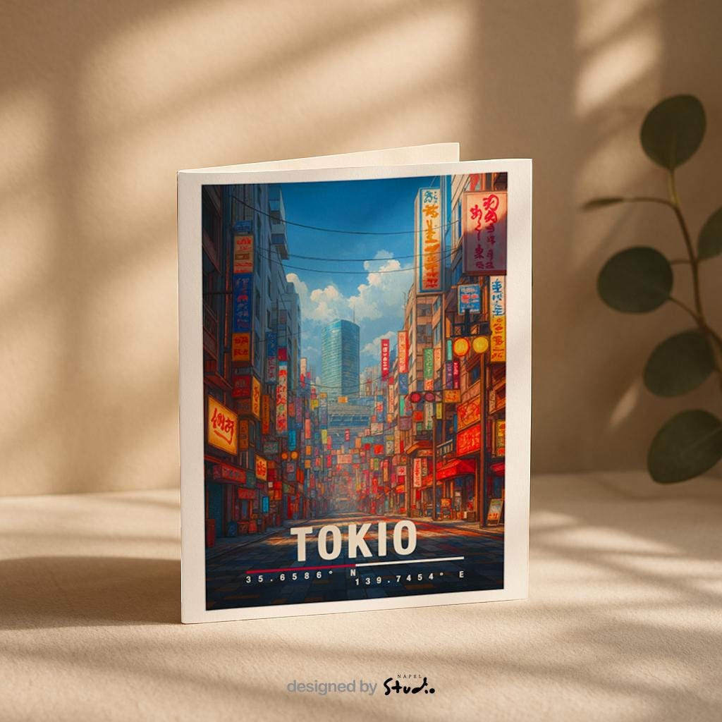 Illustration einer belebten Straße in Tokio mit leuchtenden Neonreklamen, japanischen Schriftzeichen und moderner Stadtarchitektur. Die Szene wirkt urban, dynamisch und atmosphärisch und vermittelt das typische Großstadt- und Nachtleben-Gefühl Japans.