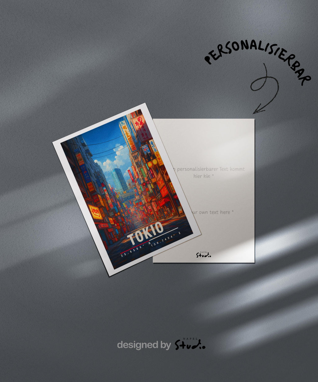 Illustration einer belebten Straße in Tokio mit leuchtenden Neonreklamen, japanischen Schriftzeichen und moderner Stadtarchitektur. Die Szene wirkt urban, dynamisch und atmosphärisch und vermittelt das typische Großstadt- und Nachtleben-Gefühl Japans.