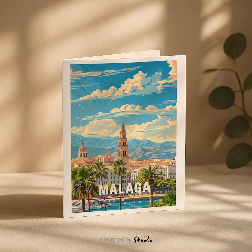 Illustration von Málaga mit Blick auf den Hafen, Palmen und die historische Altstadt vor bergiger Kulisse. Die Szene wirkt sonnig, entspannt und mediterran und fängt das typische Andalusien-Flair ein. Ideal als Grußkarte für Spanien-Reisen und Städteurlaub.