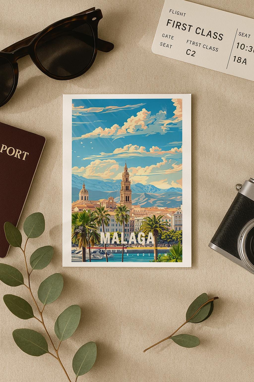 Illustration von Málaga mit Blick auf den Hafen, Palmen und die historische Altstadt vor bergiger Kulisse. Die Szene wirkt sonnig, entspannt und mediterran und fängt das typische Andalusien-Flair ein. Ideal als Grußkarte für Spanien-Reisen und Städteurlaub.