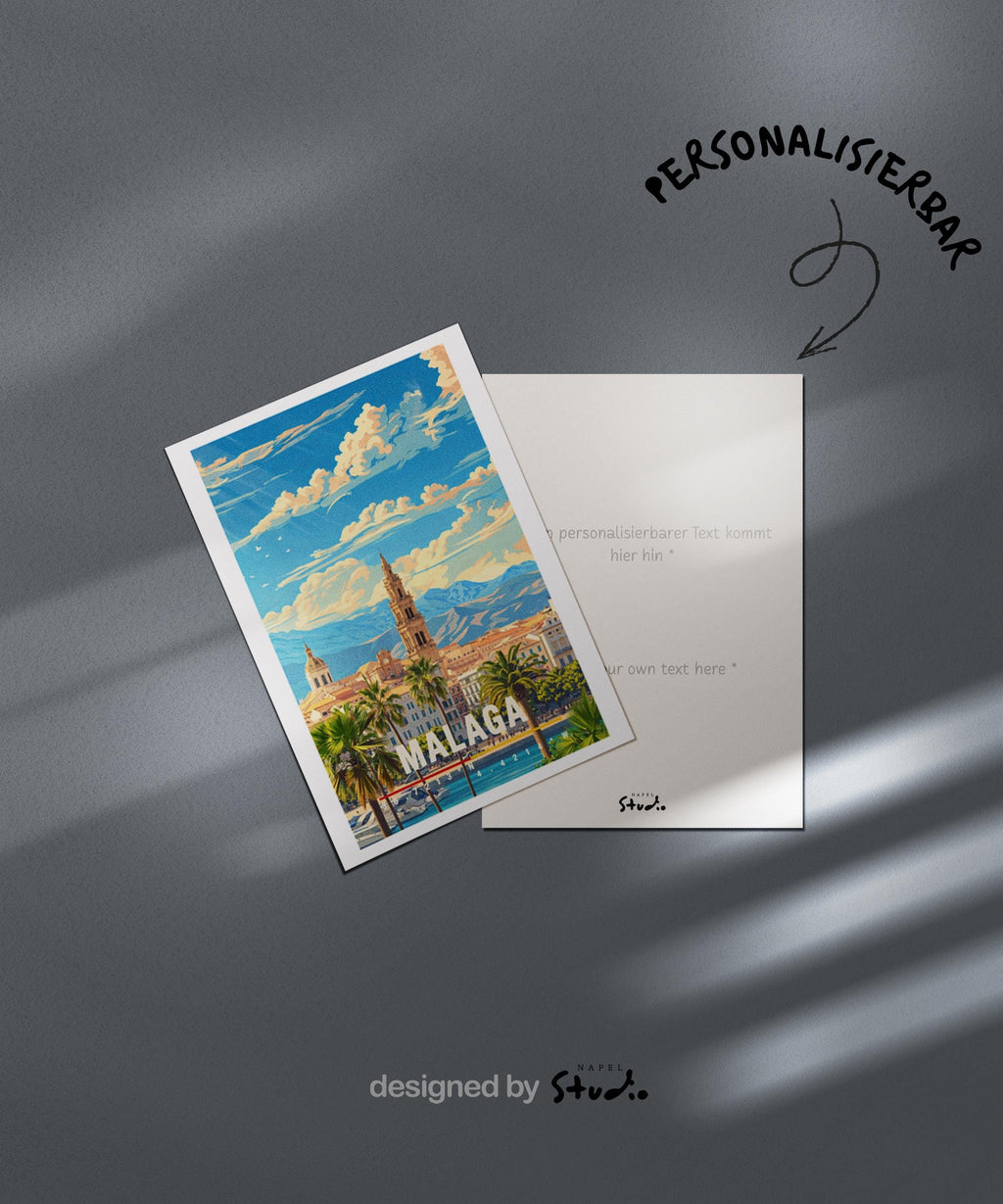 Illustration von Málaga mit Blick auf den Hafen, Palmen und die historische Altstadt vor bergiger Kulisse. Die Szene wirkt sonnig, entspannt und mediterran und fängt das typische Andalusien-Flair ein. Ideal als Grußkarte für Spanien-Reisen und Städteurlaub.