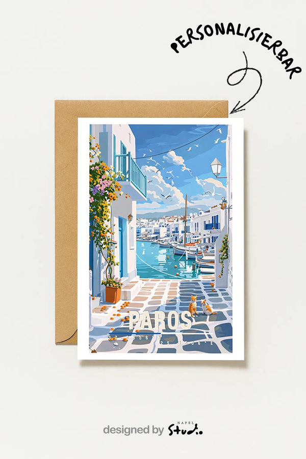 Paros Mit Weißer Gasse & Hafenblick Griechische Insel Reisekarte Paros Greece Travel