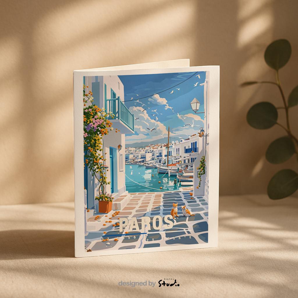 Illustration einer typischen Gasse auf Paros mit weißen Häusern, blauen Akzenten und Blick auf den Hafen mit Booten. Die Szene ist hell, ruhig und sommerlich und vermittelt klassisches Griechenland-Inselflair.