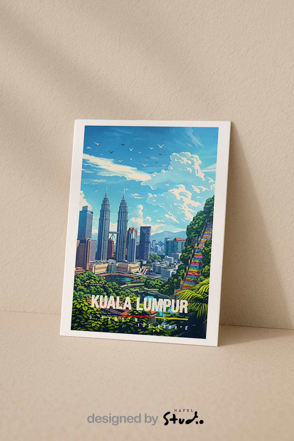 Moderne Illustration von Kuala Lumpur mit Skyline, den Petronas Towers und grünen Elementen im Vordergrund. Die Szene wirkt urban, klar und modern und zeigt die Metropole Malaysias aus einer freundlichen Perspektive.