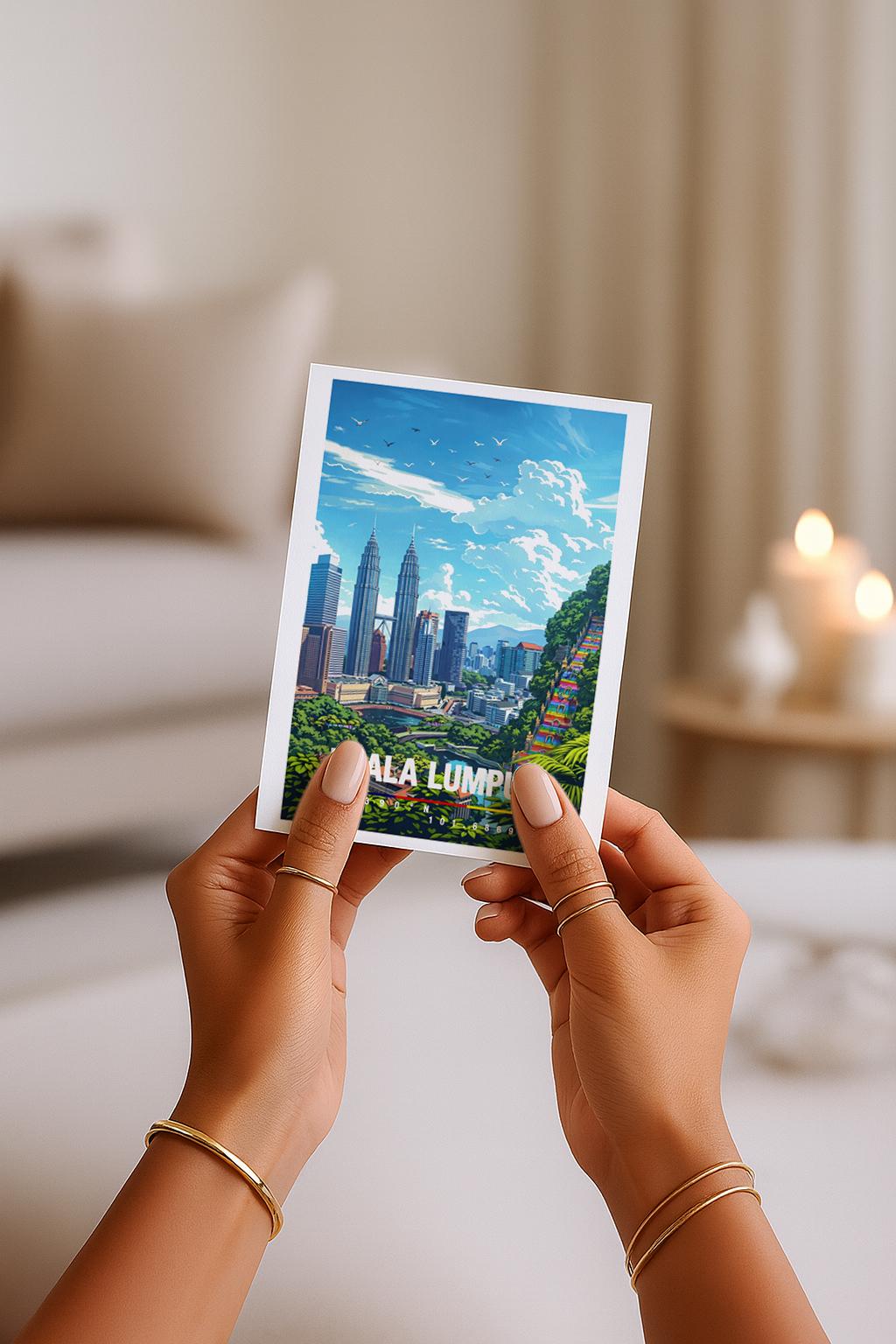 Moderne Illustration von Kuala Lumpur mit Skyline, den Petronas Towers und grünen Elementen im Vordergrund. Die Szene wirkt urban, klar und modern und zeigt die Metropole Malaysias aus einer freundlichen Perspektive.