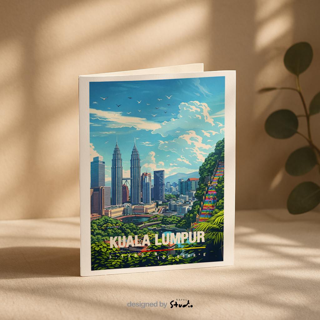 Moderne Illustration von Kuala Lumpur mit Skyline, den Petronas Towers und grünen Elementen im Vordergrund. Die Szene wirkt urban, klar und modern und zeigt die Metropole Malaysias aus einer freundlichen Perspektive.