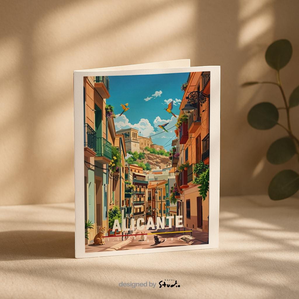 Illustration einer charmanten Altstadtgasse in Alicante mit bunten Fassaden, Balkonen und mediterranem Licht. Die Szene wirkt warm, lebendig und einladend und zeigt das typische Flair der spanischen Küstenstadt.